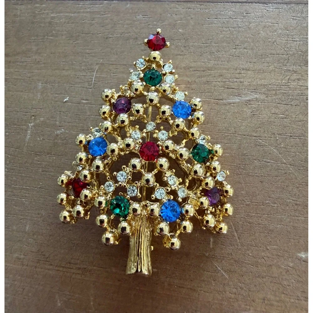 Eisenberg Christmas Tree Pin Multi Colored Rhinestones